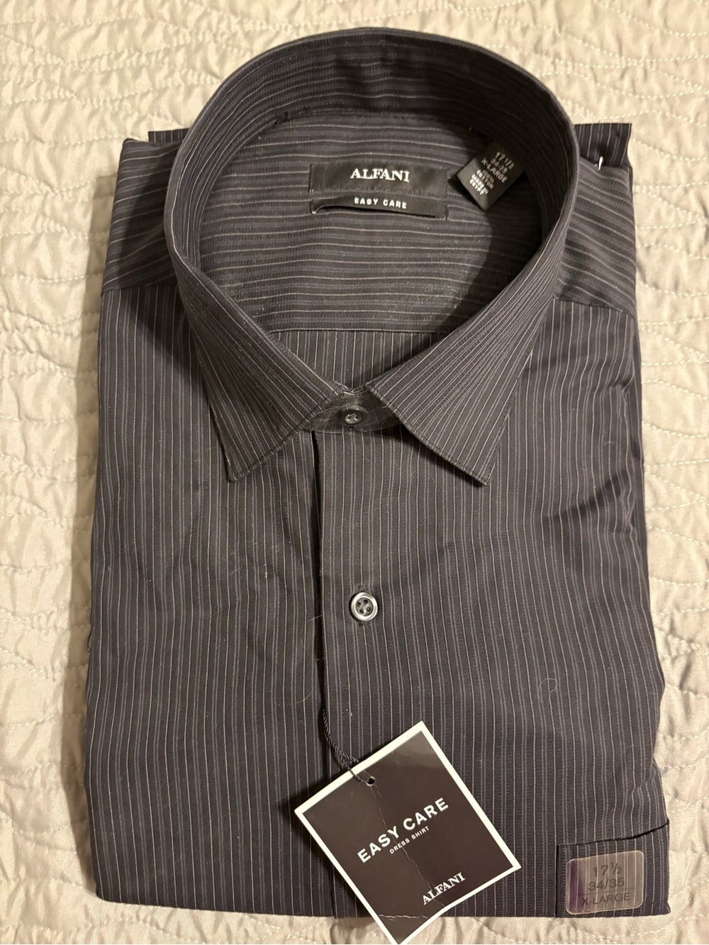 NWT Alfani Men’s Easy Care Black Pinstripe Dress Shirt, Size 17.5, 34/35, XL